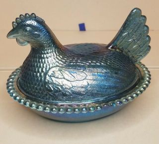 Vintage Carnival Indiana Glass Iridescent Blue Chicken Hen On Nest Candy Dish 2