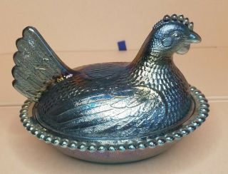 Vintage Carnival Indiana Glass Iridescent Blue Chicken Hen On Nest Candy Dish 3