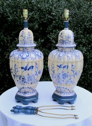 Pair Shabby Vintage Asian Oriental Blue White Porcelain Ginger Jar Lamp 26 "