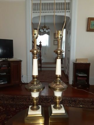 Vintage Stiffel Brass And Cream Table Lamps 40 Inches