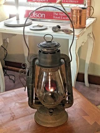 Antique/vintage Dietz Junior Wagon Lamp Lantern - W/red & Clear Bullseye Glass