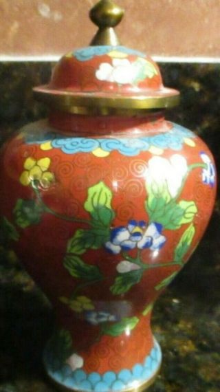 Vintage Chinese Cloisonne Brass Enamel Lidded Ginger Jar Urn Vase W Finial