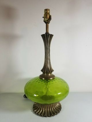 Vtg Mid Century Emerald Green Optic Glass Table Lamp Saucer Ufo Brass Avacado