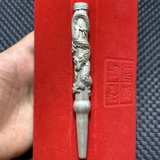 Tibetan Silver Pipe Smoking Statue Sacred Dragon Hand - Made Tobacco Rod