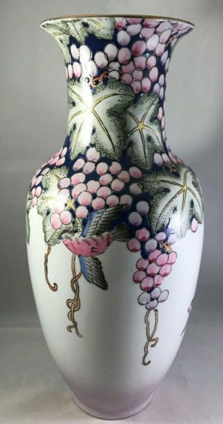 Vtg H.  F.  P.  Macau Asian Porcelain Pottery Blue Bird Pink Purple Grape Vase Gold