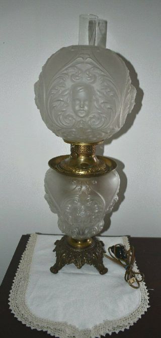 Antique Victorian White Satin Glass Child Cherub Angel Face Gwtw Parlor Lamp