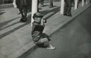 Vintage Photo Small Boy With Camera Sitting On Street Curb 1940s