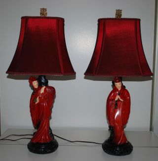 Vintage Mid Century Oriental/asian Man & Woman Chalkware Table Lamps W/shades