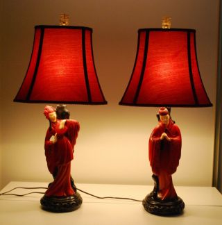 Vintage Mid Century Oriental/Asian Man & Woman Chalkware Table Lamps w/Shades 2