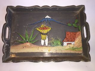 Vintage Hand Painted Mexican Folk Art Serving Tray Cactus Farmer House