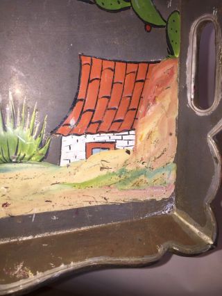 VINTAGE HAND PAINTED MEXICAN FOLK ART SERVING TRAY CACTUS FARMER HOUSE 2
