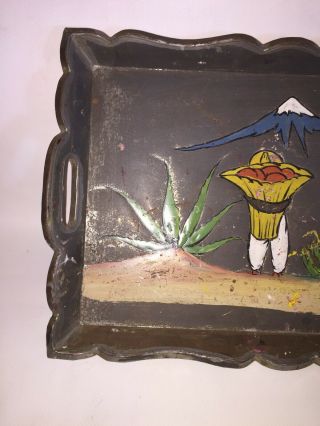 VINTAGE HAND PAINTED MEXICAN FOLK ART SERVING TRAY CACTUS FARMER HOUSE 3