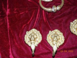 Vintage solid heavy brass lion face door knocker with 4 matching coat hooks 3