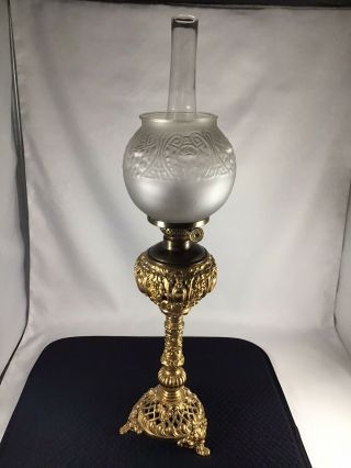Vintage Intricate Gold Plated Banquet Oil Lamp P&a Victor Burner