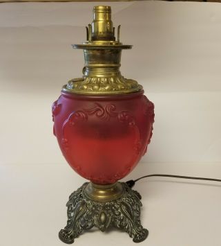 Antique Oil Lamp Converted To Electric Red Satin Base No Shade