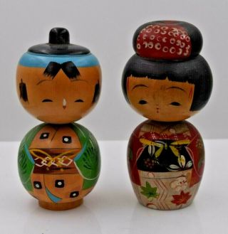 Vintage Hand Painted Japanese Kokeshi Wooden Dolls 5 " (12.  7 Cm) Pair