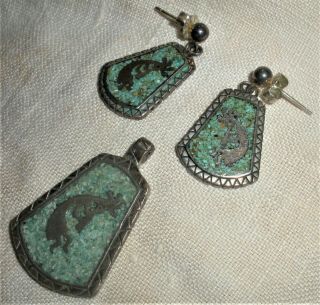 Vintage Navajo Inlaid Turquoise Sterling Silver Kokopelli Pendant & Earring Vafo