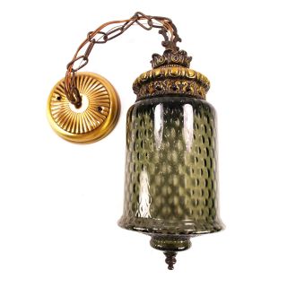 Vintage Mid Century Brass & Smoked Glass Swag Hanging Ceiling Lamp Light Fixture