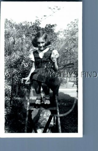 Found B&w Photo H,  5981 Little Girl In Dress Sitting On Ladder