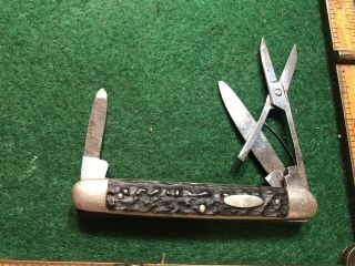 Vintage J.  A.  Henckels Pocket Knife Stag Handles Solingen With Scissors