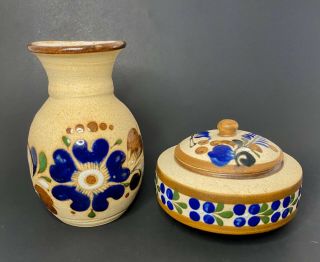 Vintage Tonala Mexican Pottery Vase & Trinket Jar Stoneware Mexico Folk Art