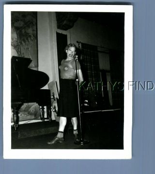 Found B&w Photo E,  1608 Man Dresses As Woman Singing Into Microphone