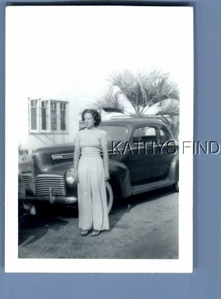 Found B&w Photo G,  4947 Pretty Woman Posed By Old Car