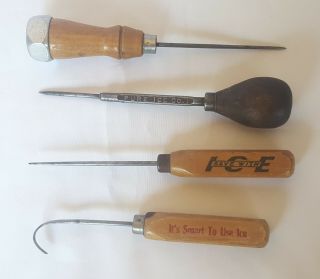 Four Vintage Wooden Handle Logo Ice Picks