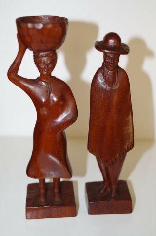 Two Vintage Hand Carved Teak Wood Figures,  Man And Woman,  Behage Paraguay