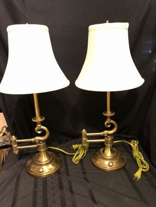 Pair Antique Stiffel Brass Mid Century Swing Arm Articulating Lamps With Shades