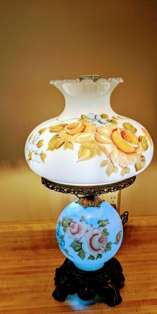 Vintage Gwtw Hand - Painted Hurricane Parlor/table Lamp | Blue | 3 - Way | Large 24 "