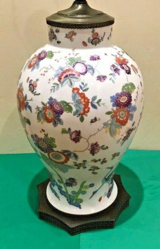 Vintage Asian Porcelain Jar Vase Table Lamp White W/ Flowers & Crane Motif 31 "