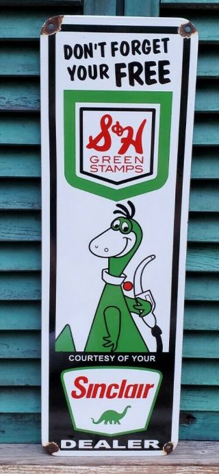Large Sinclair S&h Green Stamps Porcelain Enamel Gas Pump Station Sign Dino