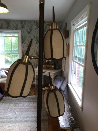 Vintage Mid Century Modern Tension Pole Lamp Rattan Basket Shades