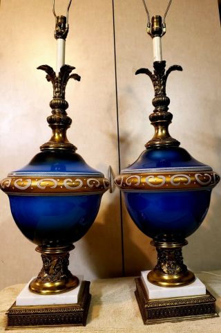 Vintage Blue Glass Table Lamps Hollywood Regency Mid Century