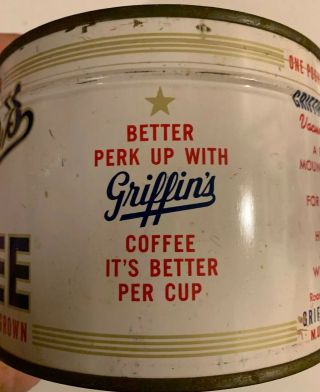 Vintage Griffin’s Coffee Tin NOS Full Can Advertising Key Wind 2
