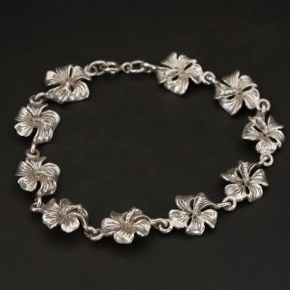 Vtg Sterling Silver - 11mm Hibiscus Flower Floral Link 7 " Bracelet - 13.  5g