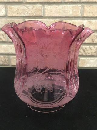 Antique Victorian Cranberry Pink Glass Oil Lamp Shade Acid Etched Rose Duplex