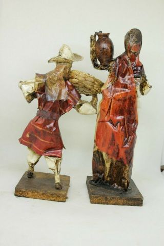 2 Vintage Mexican Folk Art Paper Mache dolls Figurines Man And Woman decor 3