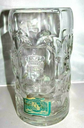 Vintage German Beer Mug Stein 1l Glass Hofbrauhaus Munchin Embossed Logo Hof