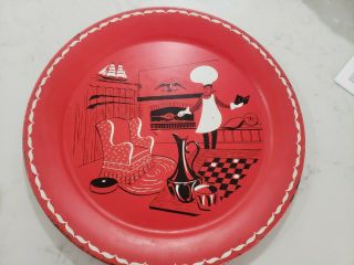 Vintage Mid Century 19 " Round Metal Bbq Tray Platter Red Chef Grill Mcm