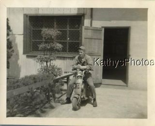 Found B&w Photo K_6683 Soldier Posed Sitting On Motorcycle