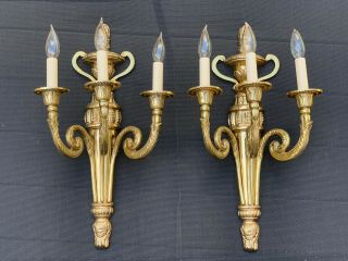 Antique Gilt Bronze Brass French Neoclassical Wall Sconce Pair 21” 3 Light