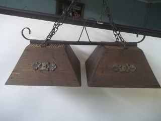 Vintage Mid Century Gothic Spanish Style Wrought Iron Wood Shade Hanging Light