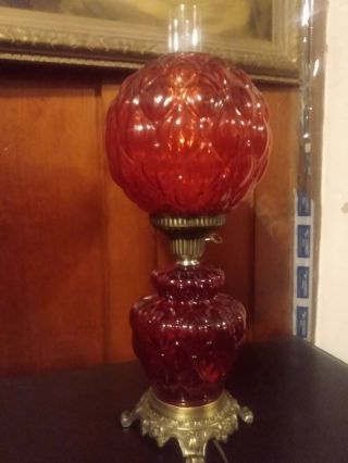 Vintage & Rare Red Hedco Glass 3 Way Lamp Hurricane Gorgeous Ruby