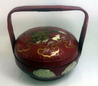 Vintage Red Gold Lacquer Peranakan Straits Chinese Wedding Basket Bunny Rabbit