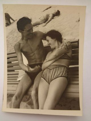 1950s Beach Man Naked Woman Swimsuit Hugs Laugh Russian Vintage Photo