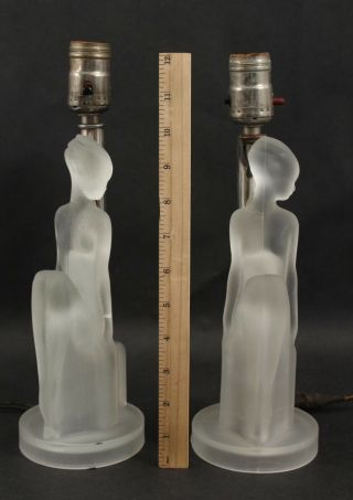 Pair 1930s Antique Art Deco Nude Women Satin Glass Table Lamps,