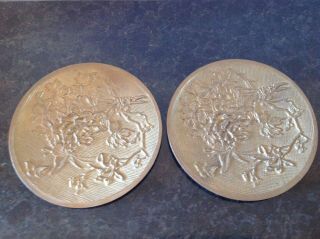 Pair Vintage Asian Brass Embossed 3 - D Decorative Wall Plate Hanging Art Plaque