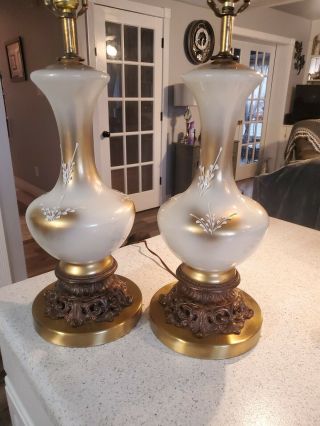 Vintage Hollywood Regency Mid Century Gold Glass Brass Table Lamp Pair